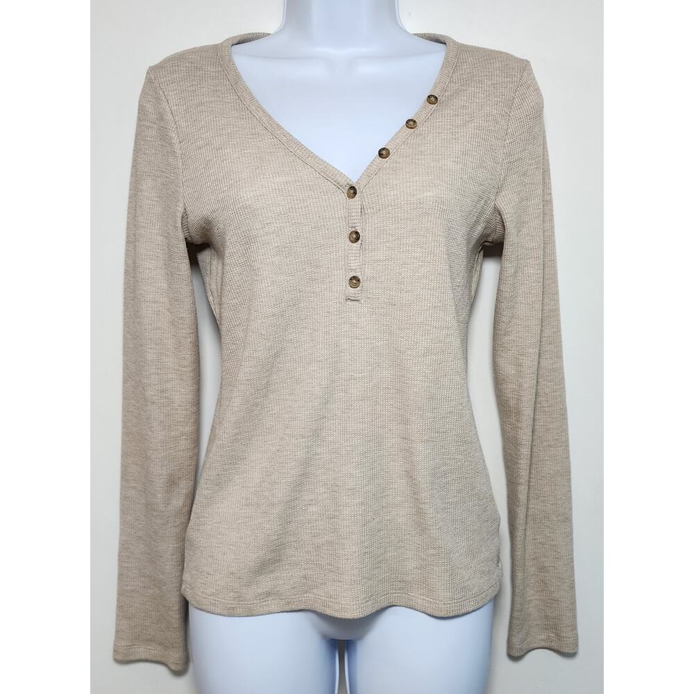 American Eagle Waffle Knit Henley Long Sleeve Fitted Y2K Top Size M